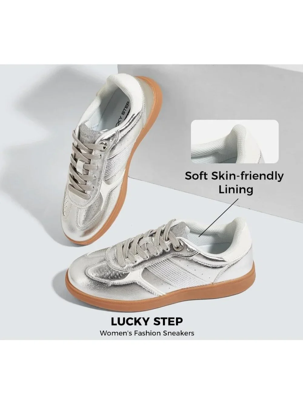 Women's Silver Faux Leather Comfortable Trendy Casual Retro Skate Sneakers